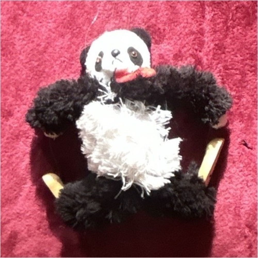 Vintage Black/White Panda Plush Stuffed Animal Small (6-14 in) Red Bow